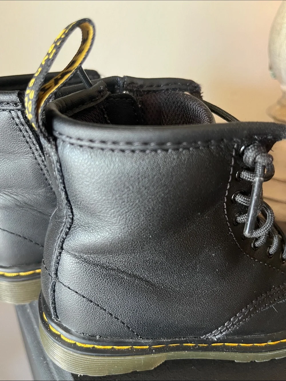 Dr. Martens Kids Black Leather Lace-Up Boots Yellow Stitching, Sz 9